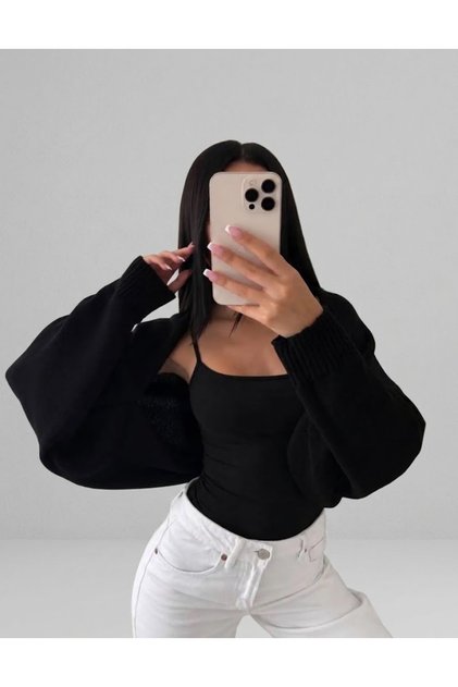 Women's Street Fashion Acrylic Crop Knitwear Cardigan Black