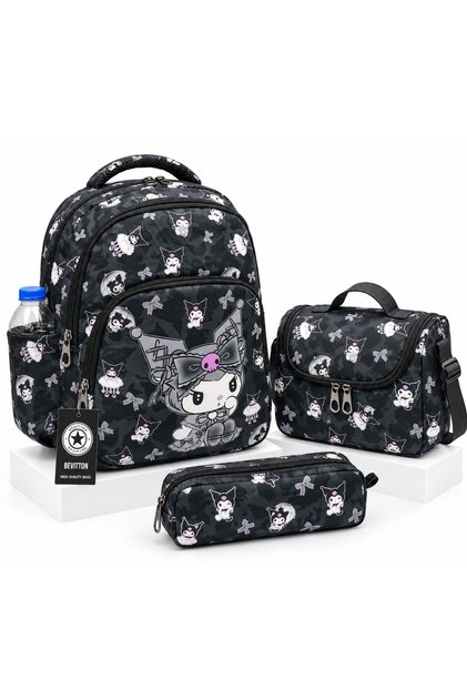 Black 3-Piece Set Elementary School Bag Character Patterned Set Girl's First School Backpack