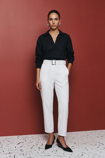 High Waist Belted Trousers - Ecru