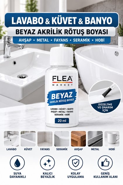 Lavabo & Küvet & Banyo için BEYAZ Çok amaçlı Akrilik Rötuş Boyası- Ahşap , Metal , Fayans , Seramik, Hobi, 20ml