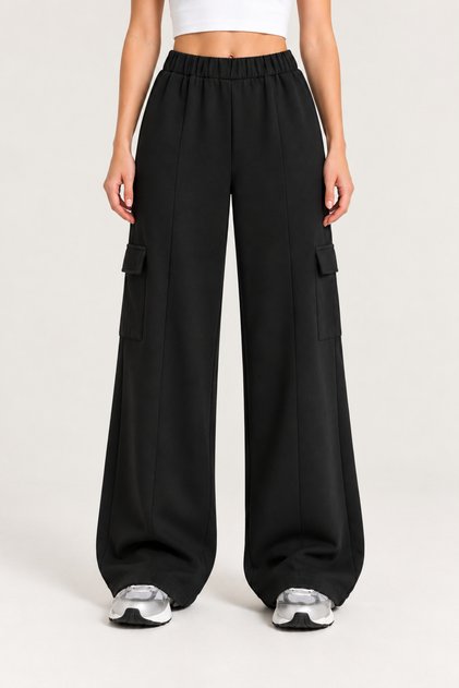 Siyah Modal Kumaş Kargo Cepli Wide Leg Pantolon