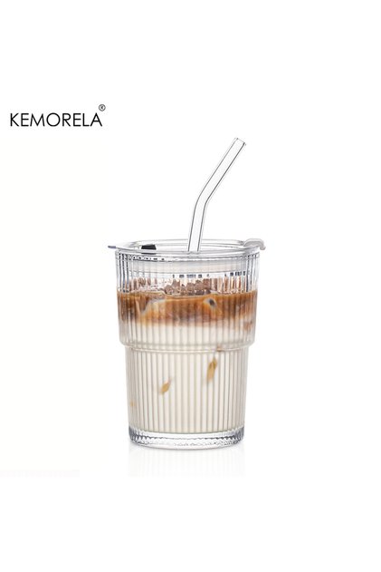 450ml 1PCS 1/2PCS 450ml Stripe Glass Cup Transparent Glass Drinking Cups With Lid and Straw Ice Coff