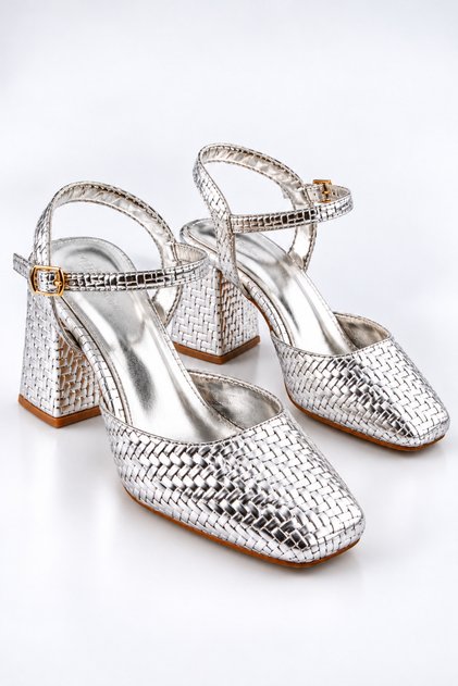 Women's Silver Color Braided Square Toe 7 cm Thick Heeled Ankle Strap Stylish Evening Dress Shoes New Season 2026