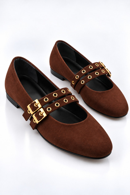 Bitter Brown Suede Color Studded Double Buckle Women's Ballerinas | Casual Comfortable Flat Sole Mary Jane Shoes Fashion