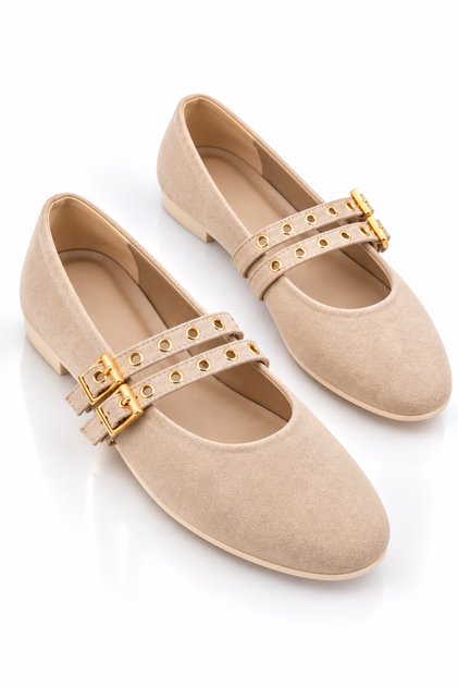 Beige Suede Color Ballerina Ballerinas with Studs and Double Buckles for Women | Daily Comfortable Flat Sole Mary Jane Shoes