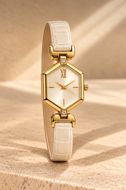 Ganios Cream Strap Gold Color Geometric Case Women's Wristwatch – Minimal and Elegant Design
