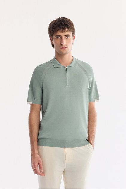 Men's Nile Green Polo Collar Zippered Rayon Blended Regular Fit Knitwear T-Shirt A61Y5009