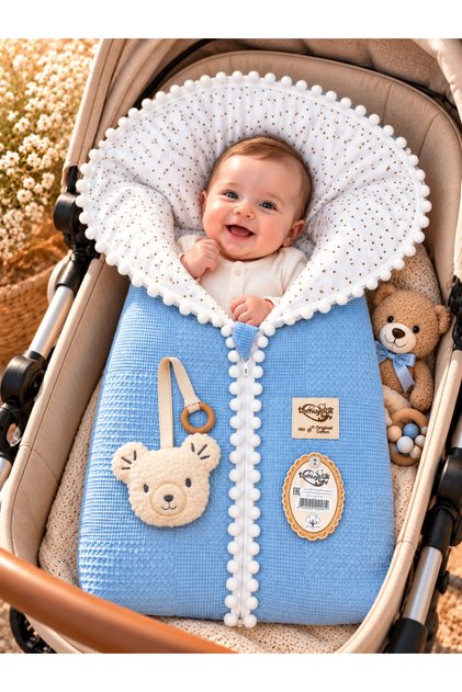 Baby Swaddle Set with Zipper, Pompom, Fiber Filling, Pique Swaddle, Toy, Pacifier Holder, Cotton Baby Swaddle