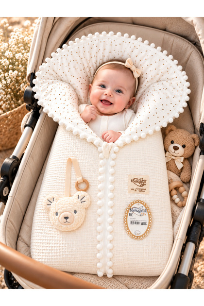 Baby Swaddle Set with Zipper, Pompom, Fiber Filling, Pique Swaddle, Toy, Pacifier Holder, Cotton Baby Swaddle