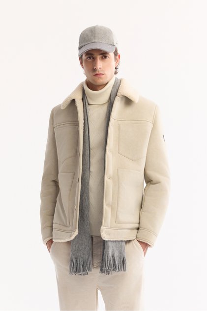 Men's Ecru Fur Collar Napa Comfort Fit Coat A52Y6057