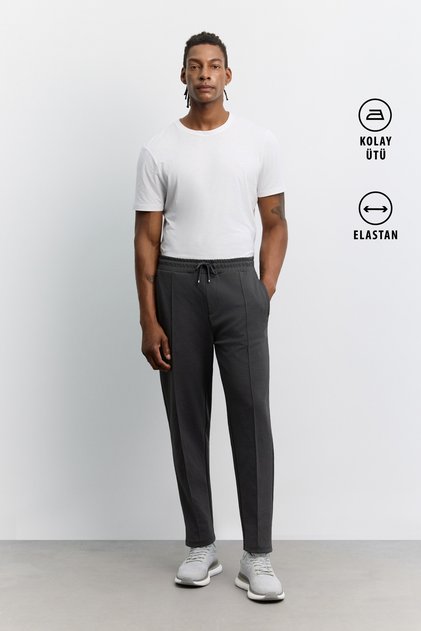 Men's Anthracite Elastic Waist Lace-Up Ribbed Side Zipper Pocket Interlock Jogger A62Y3419