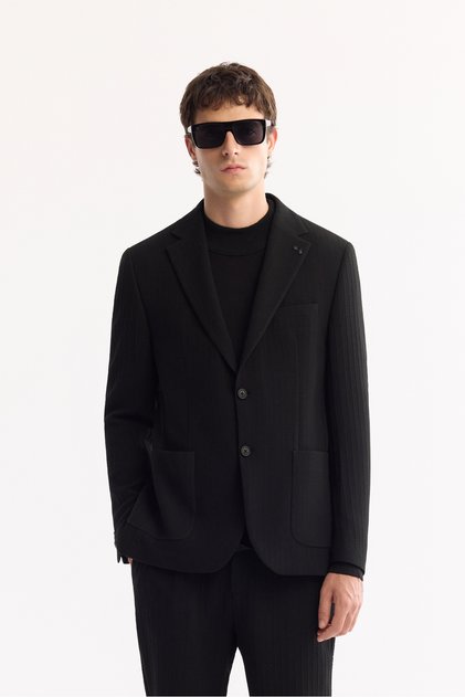 Men's Black Mono Collar Double Slit Unlined Pocket Pocket Diagonal Textured Fabric Jacket A52Y4004