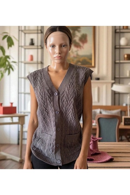 Houndstooth Knitted Dowry Jacket with Pockets for Daily Wear - Mother's Vest