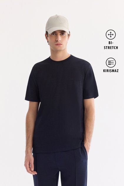 Men's Navy Blue Crew Neck Bi-Stretch Wrinkle-Free Printed Regular Fit T-Shirt B001040