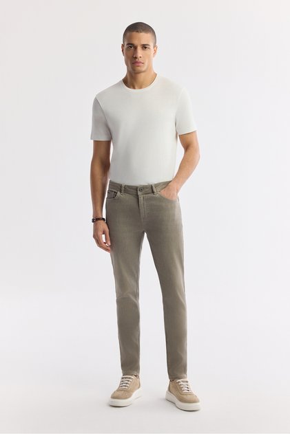 Men's Beige Classic Waist Cotton Stone Washed Berlin Slim Fit Jean Trousers A51Y3516