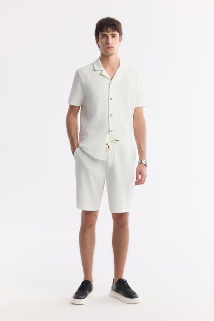 Men's Ecru Elastic Waist Lace-Up Viscose Blended Knitted Regular Fit Shorts A51Y3633