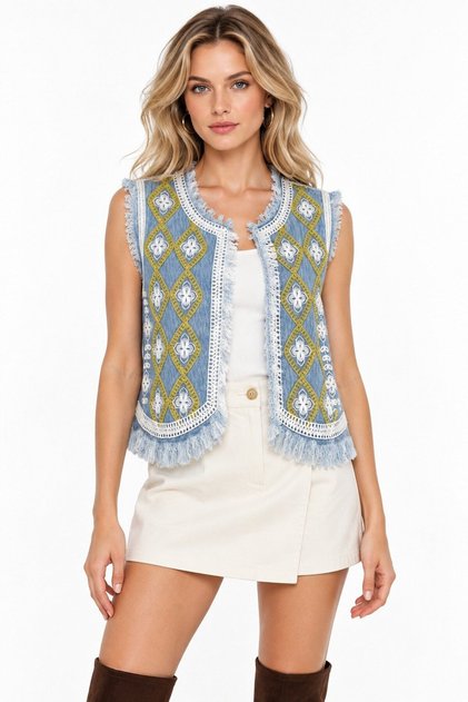 Blue Women's Crew Neck Denim Crop Vest with Chain Embroidery & Fringes