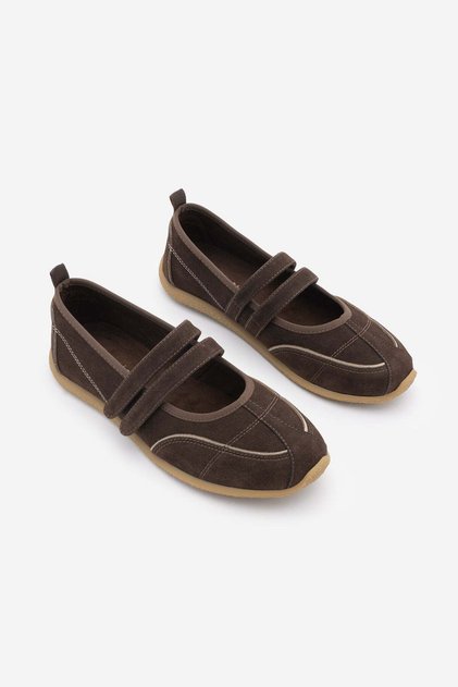 Women's Double Strap Stitching Detailed Round Toe Mary Jane Casual Sports Ballerina Sneaker Meliro Brown Suede