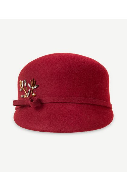 Wool Cloche Hat with Embroidery and Bow Detail