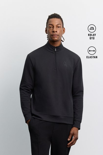Men's Black Stand Collar Zippered Printed Easy-Iron Cotton Regular Fit Sweatshirt A62Y1310