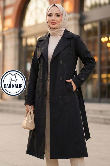 Kuşaklı Düğmeli Trençkot Siyah HM2890