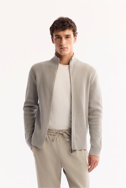 Men's Gray Stand Collar Zippered Cotton Soft Touch Textured Regular Fit Cardigan A52Y5181