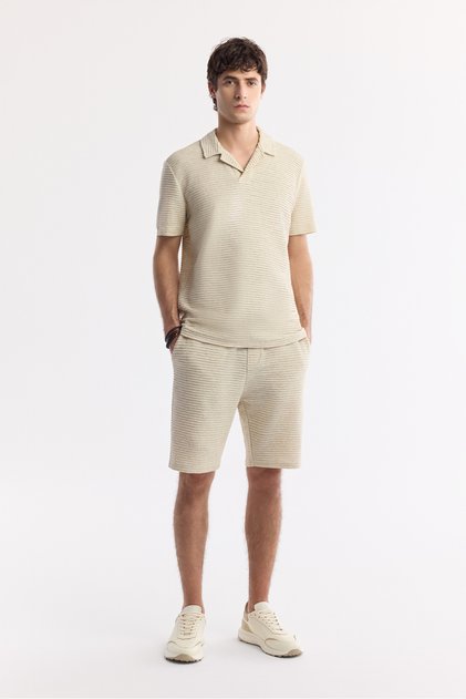 Men's Beige Elastic Waist Lace-Up Linen Blend Knitted Regular Fit Shorts A51Y3601