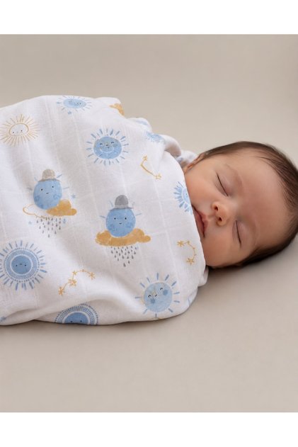 Muslin Cloth Cover Sun Pattern - Blue 120x120 cm + 4 Mouth Wipes