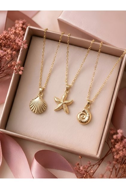 Gold Renk 3 Lü Deniz Yıldızı Deniz Kabuğu Kombin Set Kolye