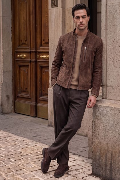 Ronaldo Men's Tan Zippered Suede Leather Jacket 26Wgd661410