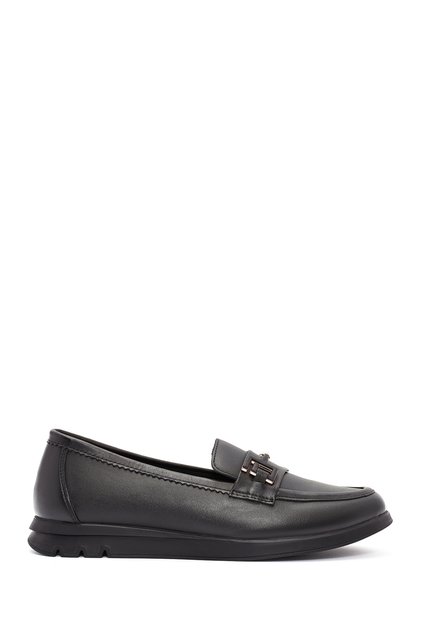 Women's Black Buckle Detailed Genuine Leather Comfort Loafer, Winter Shoes 25Afd150418