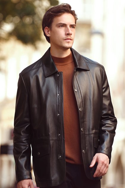 Salah Men's Black Shirt Collar Leather Coat 25Wgd6585U4