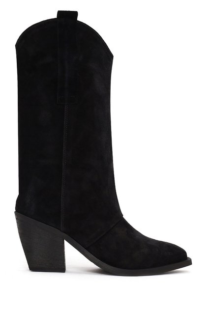 Women's Black Thick Heeled Suede Leather Boots Wf190066Ds