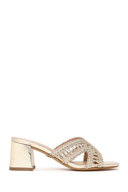 Women's Gold Thick Heeled Knitted Metallic Slippers 26Sfd442232