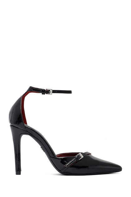 Women's Black Ankle Buckle High Thin Heeled Patent Leather Stiletto, Heeled Shoes 25Afd440316