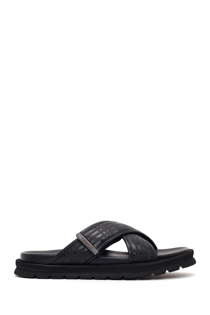 Men's Black Patterned Leather Slippers 26Sfd693914