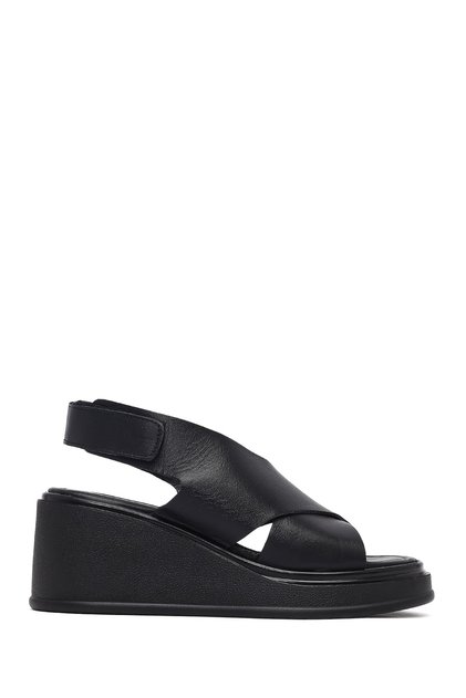 Women's Black Strappy Wedge Heeled Leather Sandals 25Sfd131618