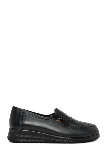 Women's Black Leather Shoes with Filled Heels, Comfort Loafer 26Pfd410318