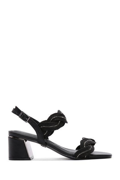 Women's Black Braided Thick Short Heeled Shoes Sandals 25Sfd440714