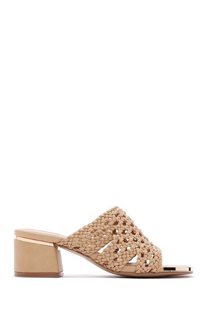 Women's Beige Braided Short Thick Heeled Slippers 26Sfe460818