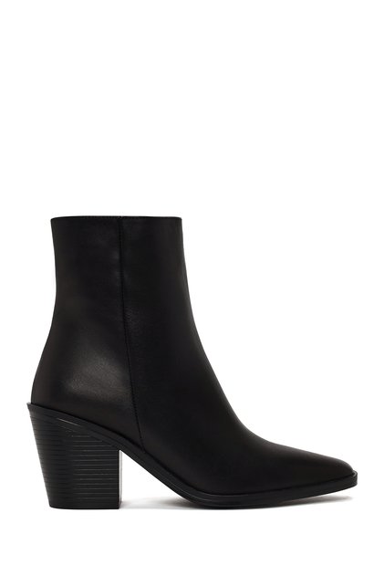 Women's Black Zippered Thick Heeled Leather Boots Wf190064Dv