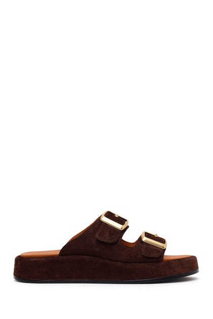 Women's Brown Double Buckle Thick Soled Suede Leather Slippers 26Pfd230210