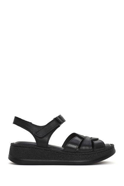 Women's Black Ankle Strap Thick Sole Leather Comfort Sandals 26Sfd320518