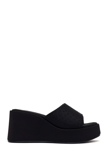 Women's Black Stone Filled Heeled Fabric Slippers 26Sfe49866F