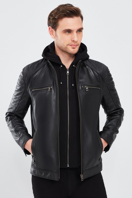 Sergio Men's Black Hooded Sports Leather Coat 24Sge65191M