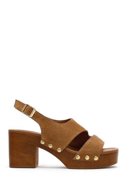 Women's Tan Back Buckle Platform Thick Heeled Suede Leather Sandals 26Sfd152410