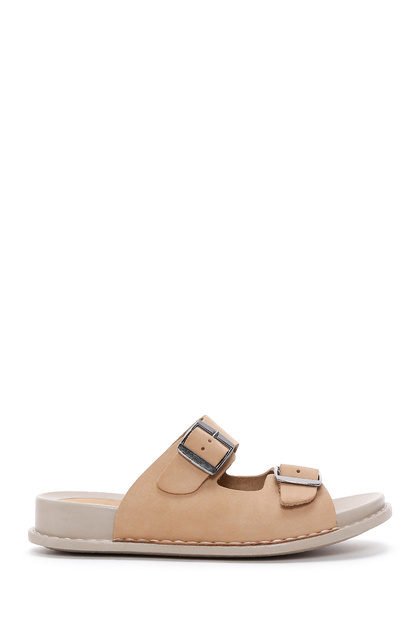 Women's Beige Double Buckle Nubuck Leather Comfort Slippers 26Pfd5017V3