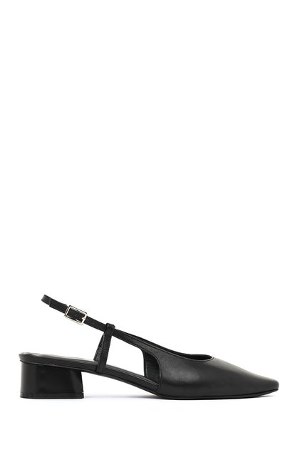 Women's Black Open Back Short Thick Heeled Leather Ballerinas 26Pfd160918