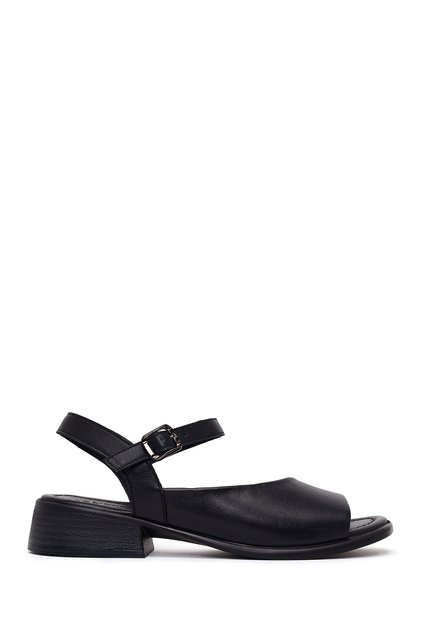 Women's Black Ankle Buckle Short Heeled Leather Sandals 26Sfd342018