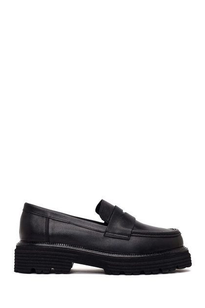 Women's Black Thick-Soled Leather Masculine Loafer Af190069Dv